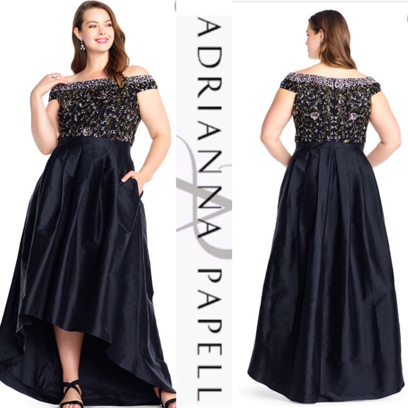 Adrianna Papell Dresses & Skirts - Adrianna papell off the shoulder Hi Low Gown with sequin floral beaded bodice